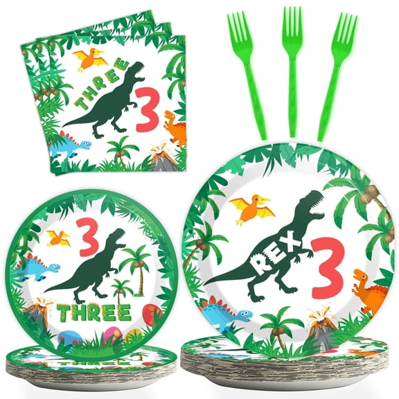 96 Pieces Dinosaur 3rd Birthday Supplies for 3 Birthday Tableware Set 3 T-Dinner Disposable Plates 3 Year Old Party Plates Napkins Forks For Boys Kids Three Dino-Party Favor 24 Guests Y114