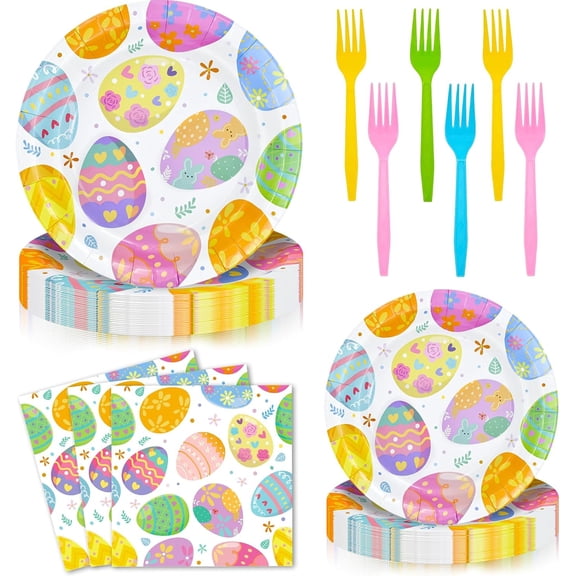 96 Pieces Easter Paper Plates and Napkins Tableware Set, Colorful Eggs Disposable Dinnerware with Plates, Napkins, Forks for Easter Spring Party Supplies-Serves 24
