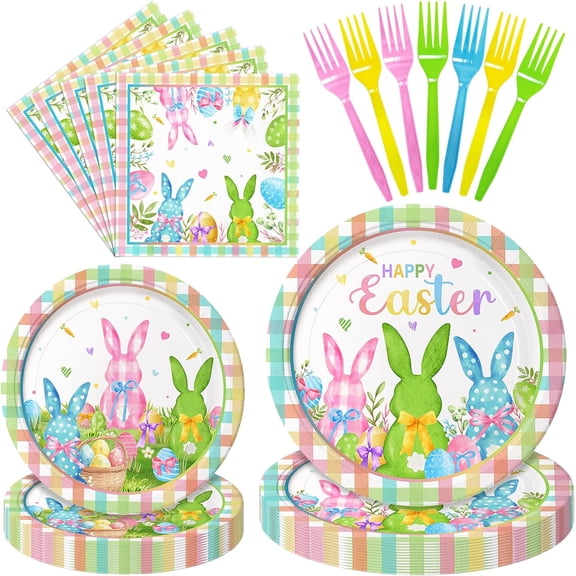 96 Pieces Easter Tableware Set – Bunny Egg Disposable Plates, Napkins, and Forks with “Happy Easter” and Spring Designs for Holiday Dinners, Parties, and Spring Celebrations – Serves 24