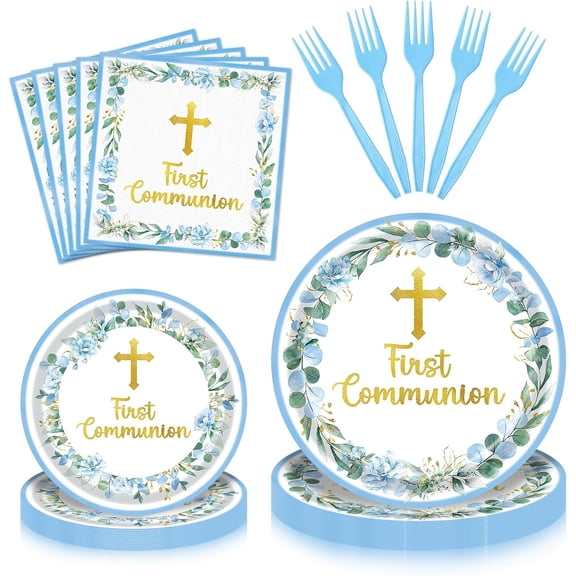 96 Pieces First Communion Floral Tableware Set – Blue Floral Cross Disposable Plates, Napkins for First Communion Party, Christening, Baptism, and Religious Celebrations – Serves 24 Guests