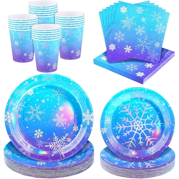 96 Pieces Frozen Iridescent Winter Snowflake Birthday Party Supplies Snowflake Tableware Set Disposable Paper Plates Cups Napkins Serve 24 Guests for Christmas Winter Wonderland Decorations
