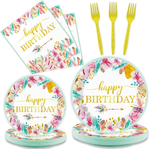 96 Pieces Happy Birthday Party Plates Napkins Boho Decorations Gold Metallic Tableware for Boys and Girls Happy Birthday Dessert Plates Napkins Forks for 24 Guests Party Supplies Favor