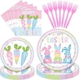 thumbnail image 1 of 96 Pieces Happy Easter Party Tableware Set – Bunny & Carrot Pastel Design Disposable Plates, Napkins, and Pink Forks for Egg Hunt, Spring Classroom Event, or Holiday Celebration, 1 of 14