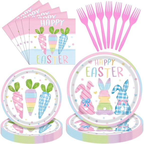96 Pieces Happy Easter Party Tableware Set – Bunny & Carrot Pastel Design Disposable Plates, Napkins, and Pink Forks for Egg Hunt, Spring Classroom Event, or Holiday Celebration