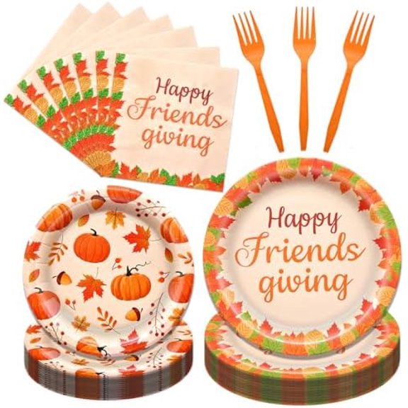 96 Pieces Happy Friendsgiving Tableware Set Party Supplies - Fall Thanksgiving Pattern Disposable Dinnerware with Paper Plates, Napkins, Forks for Autumn Harvest, Friendsgiving Dinner BBQ Picnic