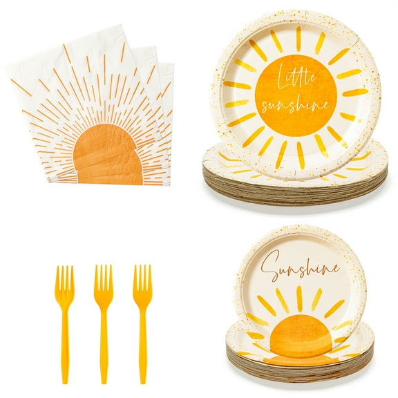 96 Pieces Party Tableware Includes Bomi Sun Disc Paper Napkin Fork Set for Outdoor Picnics, Birthday Parties Supplies