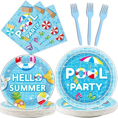 96 Pieces Pool Party Tableware Set for Summer Beach Table Decorations Supplies Beach Ball Birthday Dessert Plates Summer Pool Party Napkins Forks for 24 Guests Hawaiian Pool Birthday Party Favors