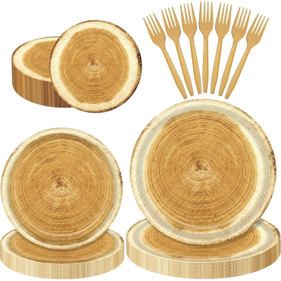 96 Pieces Rustic Wood Grain Tableware Set – Disposable Plates, Napkins, and Forks for Woodland Parties, Rustic Weddings, Camping, BBQs, and Baby Showers – Serves 24 Guests
