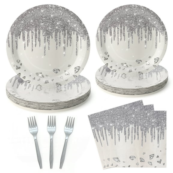 96 Pieces Silver Glitter Party Tableware Set for Diamonds Party Decorations Silver Plates and Napkins Forks Glitter Diamonds Theme Birthday Table Decorations for 24 Guests Parties Supplies