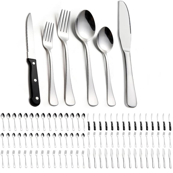 96 Pieces Silverware Set for 16, Flatware Set with Steak Knives, Stainless Steel Cutlery Set Include Forks Spoons and Knives Set, Dishwasher Safe for Home Restaurant