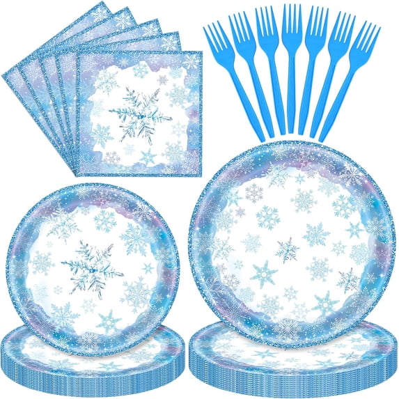 96 Pieces Snowflake Winter Tableware Set – Blue Disposable Plates, Napkins, and Forks for Frozen Birthday Parties, Christmas Dinners, Holiday Gatherings, and Winter Celebrations – Serves 24 Guests