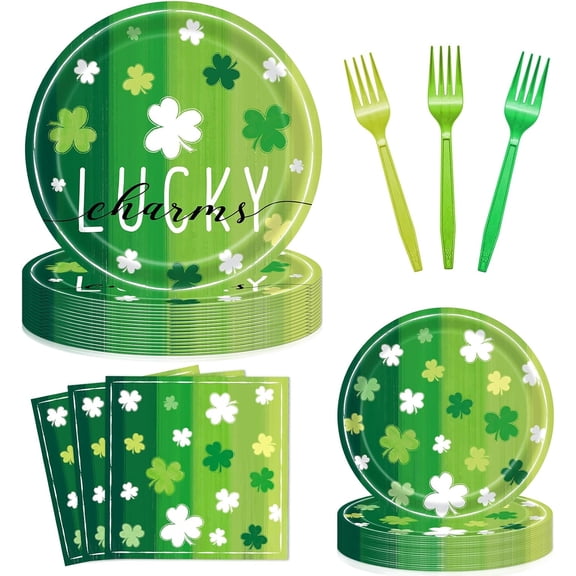 96 Pieces St. Patrick's Day Lucky Plates and Napkins Party Supplies, Vintage Green Shamrock Disposable Tableware with Paper Plates, Napkins, and Forks for Irish Festival Party Decorations - Serves 24