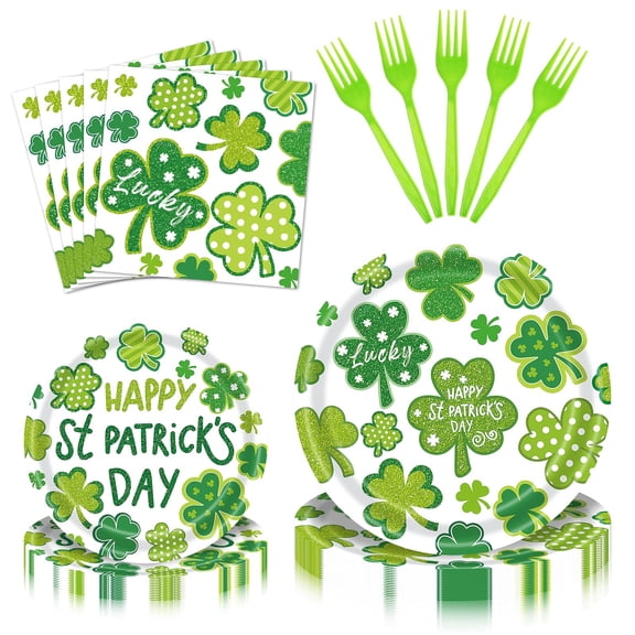 96 Pieces St. Patricks Day Tableware Set - Green Shamrock Disposable Plates Napkins Forks with Happy St. Patricks Day Lucky Clover Designs for Holiday Parties Irish Celebrations - Serves 24 VT1