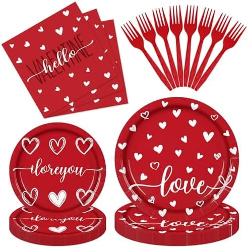 96 Pieces Valentine’s Day Tableware Set – Red and White Disposable Plates, Napkins, and Forks with Heart and Love Designs for Valentine’s Parties Romantic Celebrations – Serves 24 Guests
