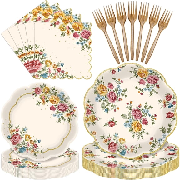 96 Pieces Vintage Floral Tableware Set  Disposable Paper Plates, Napkins, and Forks for Tea Parties, Bridal Showers, Weddings, Birthdays, Mothers Day, and Garden Celebrations  Serves 24 Guests