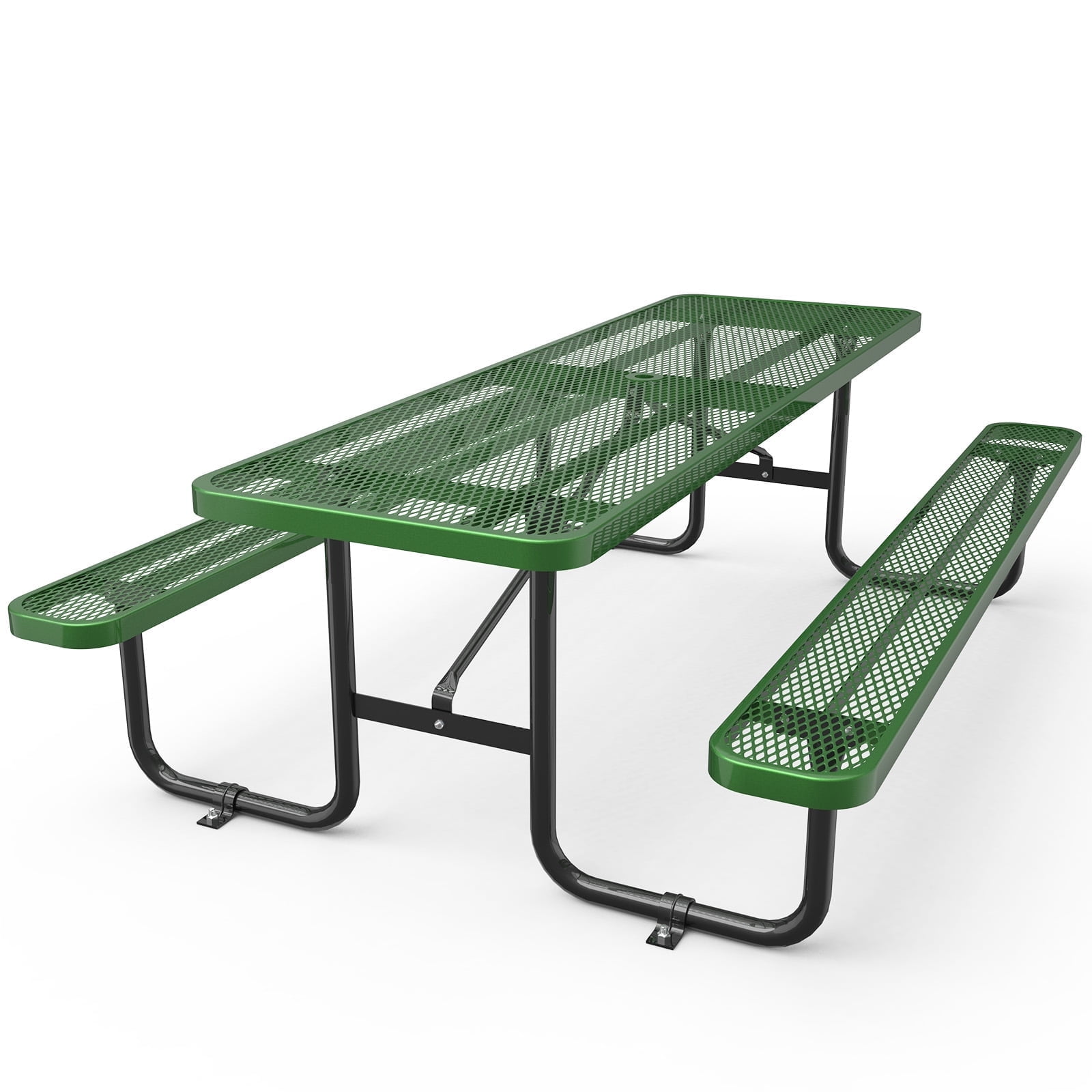 96" Green Steel Rectangular Outdoor Picnic Table with Umbrella Hole