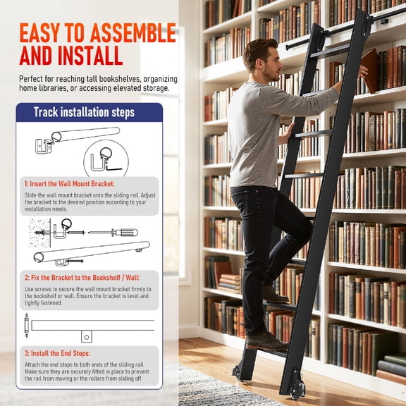 PartyKindom Sliding Library Ladder with Brake Wheels and Aluminum Alloy for Office Bookshelves