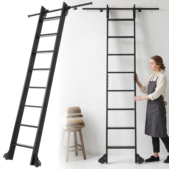Rail Mounted Rolling Ladder with Brake System for Office Bookshelf Black
