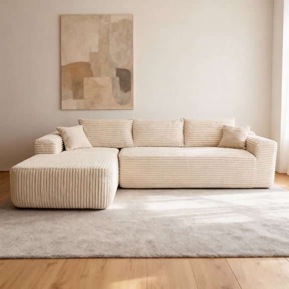 96'' Sectional Couch with High Backrest, L-Shape Modular Sectional Sofa Convertible Left or Right Chaise, Cloud Corduroy, Boneless Couches Comfortable with Pillows for Living Room(Beige)