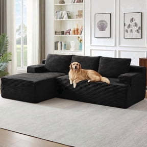 96" Boneless Cloud Couch with Chaise, Modular Sectional Sofa for Living Room, No Assembly Required, Deep Seat Corduroy Couch, Black