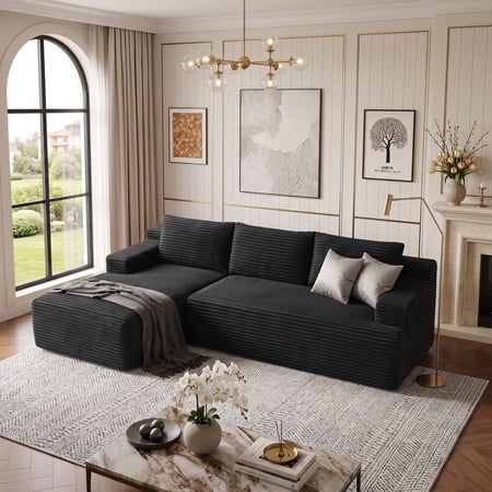 96" L-Shaped Sectional Couches for Living Room, Modular Cloud Couch with Chaise, Corduroy Deep Seat Boneless Sofa, No Assembly, Black