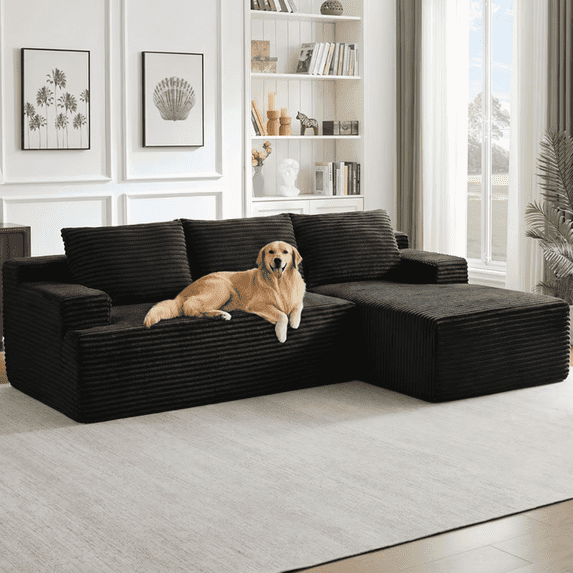 Luckhao 96" Boneless Cloud Couch with Chaise, Modular Sectional Sofa for Living Room, No Assembly Required, Deep Seat Corduroy Couch, Black