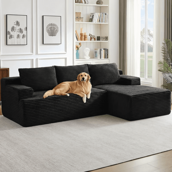 96" Boneless Cloud Couch with Chaise, Modular Sectional Sofa for Living Room, No Assembly Required, Deep Seat Corduroy Couch, Black