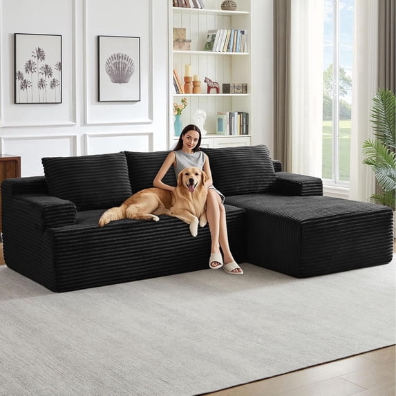 96" L-Shaped Sectional Sofa, Oversized Modular Corduroy Couch with Chaise Lounge & 2 Throw Pillows, No Assembly Convertible Corner Sofa for Living Room Apartment, Black