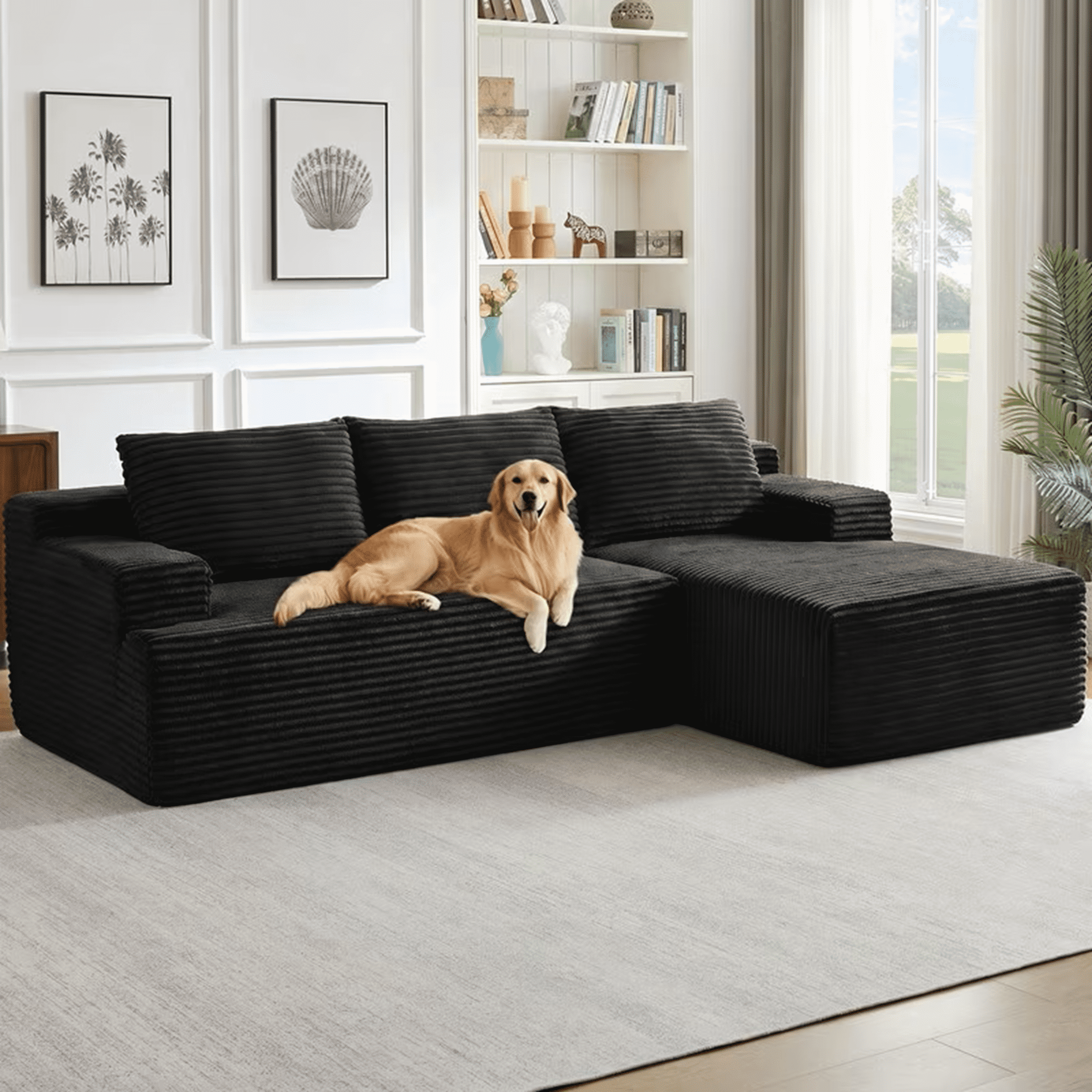 96" Boneless Cloud Couch with Chaise, Modular Sectional Sofa for Living Room, No Assembly Required, Deep Seat Corduroy Couch, Black