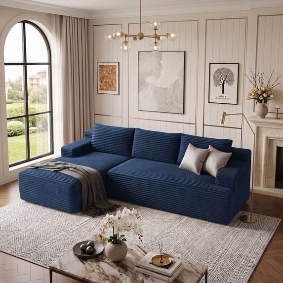 96" L-Shaped Sectional Couches for Living Room, Modular Cloud Couch with Chaise, Corduroy Deep Seat Boneless Sofa, No Assembly, Blue