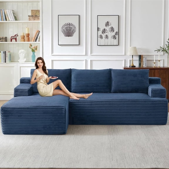 96" Boneless Cloud Couch with Chaise, Modular Sectional Sofa for Living Room, No Assembly Required, Deep Seat Corduroy Couch, Blue