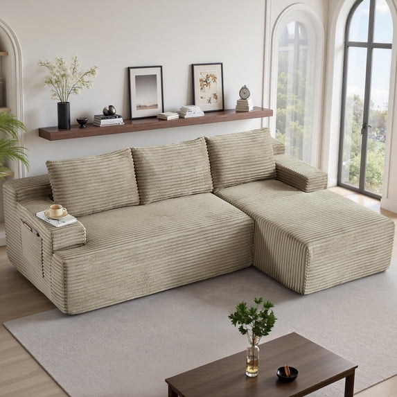 96" L-Shaped Sectional Sofa, Oversized Modular Corduroy Couch with Chaise Lounge & 2 Throw Pillows, No Assembly Convertible Corner Sofa for Living Room Apartment,Camel