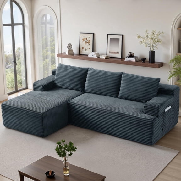 96" L-Shaped Sectional Couches for Living Room, Modular Cloud Couch with Chaise, Corduroy Deep Seat Boneless Sofa, No Assembly, Dark Gray