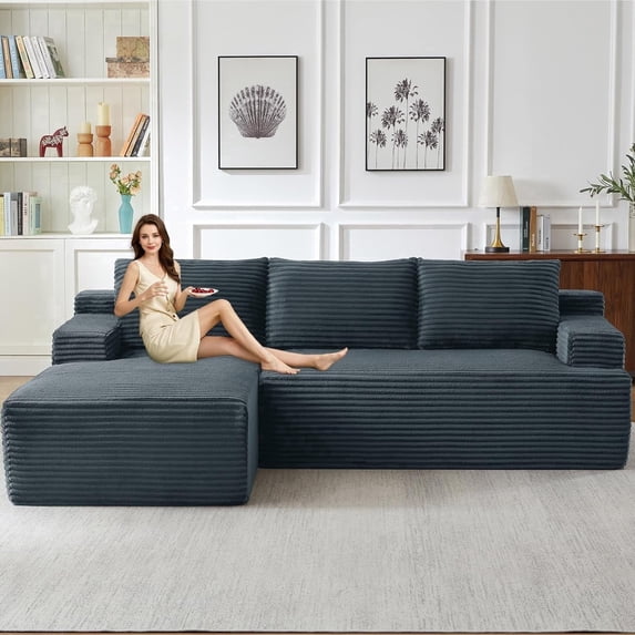 96" Boneless Cloud Couch with Chaise, Modular Sectional Sofa for Living Room, No Assembly Required, Deep Seat Corduroy Couch, Dray Gray