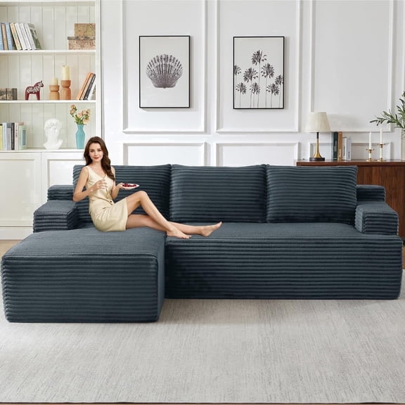 96" Boneless Cloud Couch with Chaise, Modular Sectional Sofa for Living Room, No Assembly Required, Deep Seat Corduroy Couch, Dray Gray