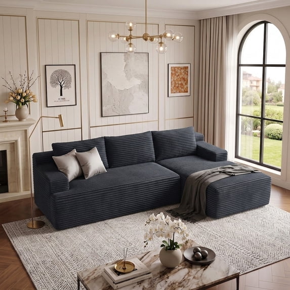 96" L-Shaped Sectional Couches for Living Room, Modular Cloud Couch with Chaise, Corduroy Deep Seat Boneless Sofa, No Assembly, Dark Gray