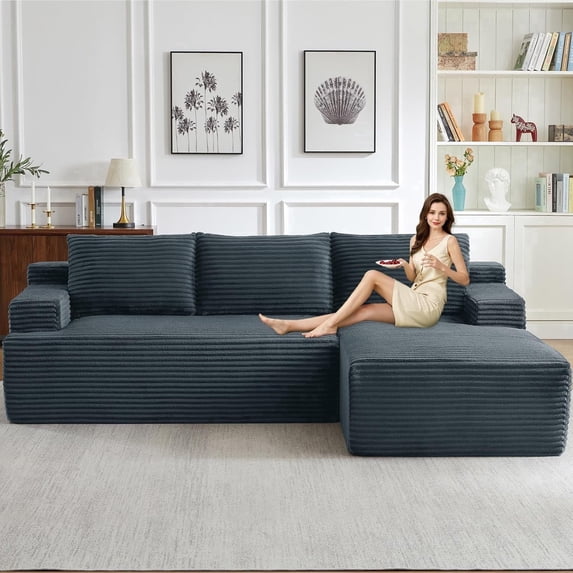 96" Boneless Cloud Couch with Chaise, Modular Sectional Sofa for Living Room, No Assembly Required, Deep Seat Corduroy Couch, Dray Gray