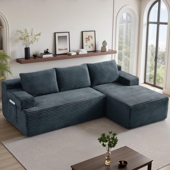96" L-Shaped Sectional Sofa, Oversized Modular Corduroy Couch with Chaise Lounge & 2 Throw Pillows, No Assembly Convertible Corner Sofa for Living Room Apartment,Dark Gray