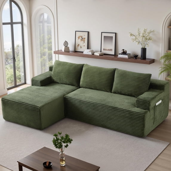 96" L-Shaped Sectional Sofa, Oversized Modular Corduroy Couch with Chaise Lounge & 2 Throw Pillows, No Assembly Convertible Corner Sofa for Living Room Apartment,Green
