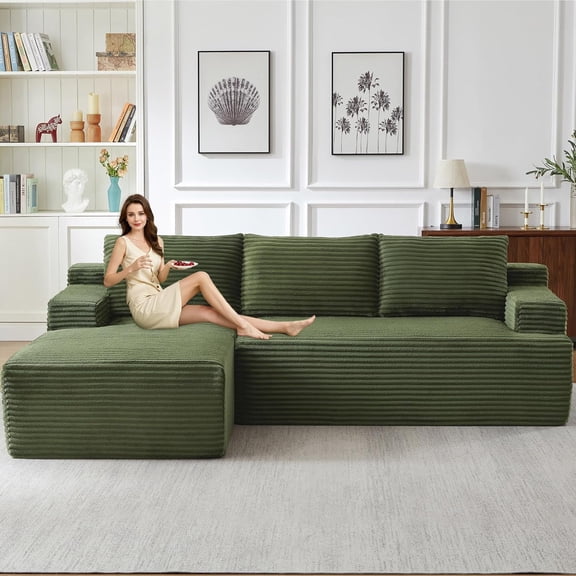 96''Sectional Couches for Living Room Modern Modular Sectional Sofa Upholstered Boneless Couch Comfy Cloud Couch with Chaise 2Pillows(Green, 96''W Left Facing Chaise)