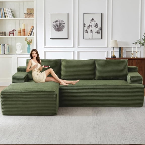 96" Boneless Cloud Couch with Chaise, Modular Sectional Sofa for Living Room, No Assembly Required, Deep Seat Corduroy Couch, Green
