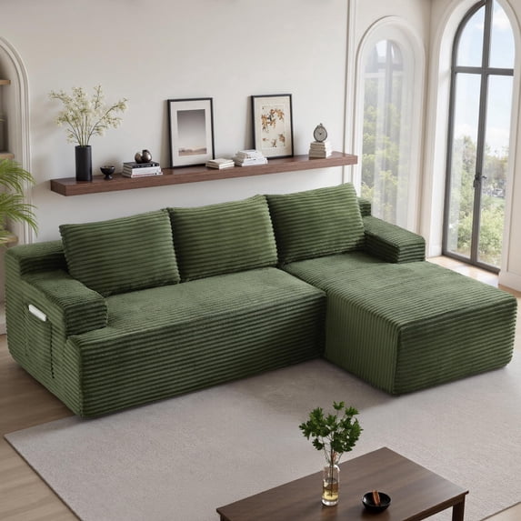 96" L-Shaped Sectional Sofa, Oversized Modular Corduroy Couch with Chaise Lounge & 2 Throw Pillows, No Assembly Convertible Corner Sofa for Living Room Apartment,Green