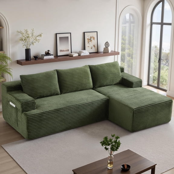 96" L-Shaped Sectional Sofa, Oversized Modular Corduroy Couch with Chaise Lounge & 2 Throw Pillows, No Assembly Convertible Corner Sofa for Living Room Apartment,Green
