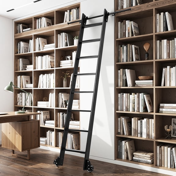 YEAHIBABY Aluminum Alloy Black Rolling Ladder Kit with Brake Wheels for Bookshelf Access