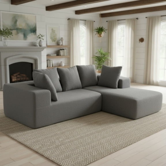 96" Soft Cushion Minimalist Modular Sectional Sofa, Oversized Sectional Sofa Set with 5 Throw Pillows, Convertible Modular Cloud Sleeper Couch with Compressed Foam for Living Rooms, Grey-Blue