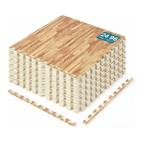 96 Sq. Ft. Interlocking Foam Floor Tiles, 24 PCS 2/5 Thick Wood Grain Foam Mat w/ Borders, 24 x 24 Puzzle Gym Flooring for Home Gym Apartment Basement Play Room Yoga