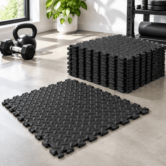 96 Sq.ft/24 Tiles - All-black Interlocking Foam Puzzle Exercise Floor Mat
