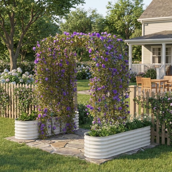 96" Tall Galvanized Metal Raised Garden Bed with Vertical Arch Trellis, Expandable Outdoor Planter Box for Climbing Vegetables & Flowers, Includes Plant Clips and Drainage Netting, Beige