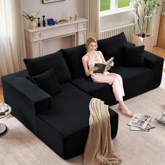 LUCKHAO Left-Facing Chaise Corduroy Tufted Sectional Sofas with 3 Large Cushions, Black