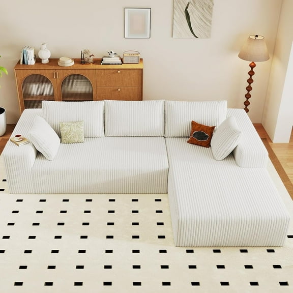 Cloud Couch Sectional, 96" L-Shaped Sofa, No Assembly Corduroy Couch with Chaise for Living Room,White